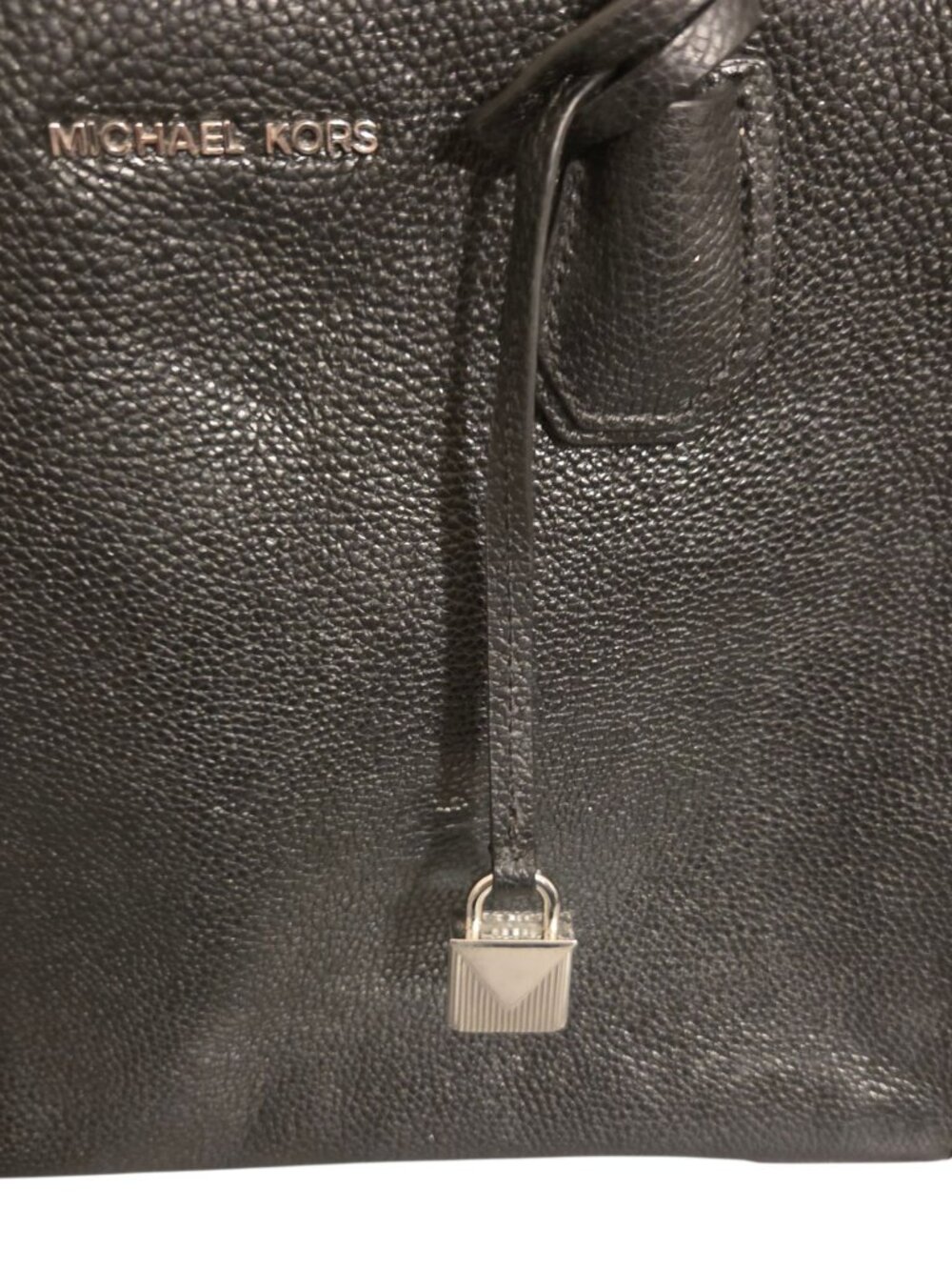 Michael Kors Mercer Large Leather Tote Handbag Black Silver HW Padlock Charm - Picture 2 of 12